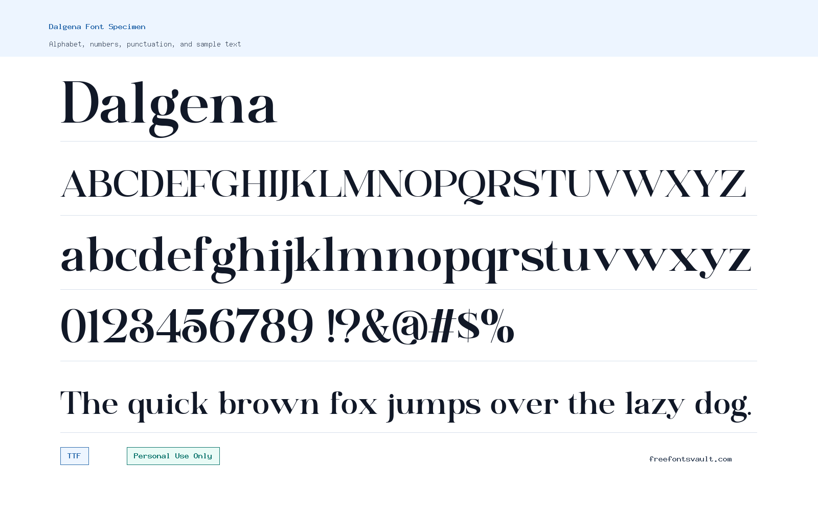 Dalgena font specimen showing alphabet, numbers, and sample text
