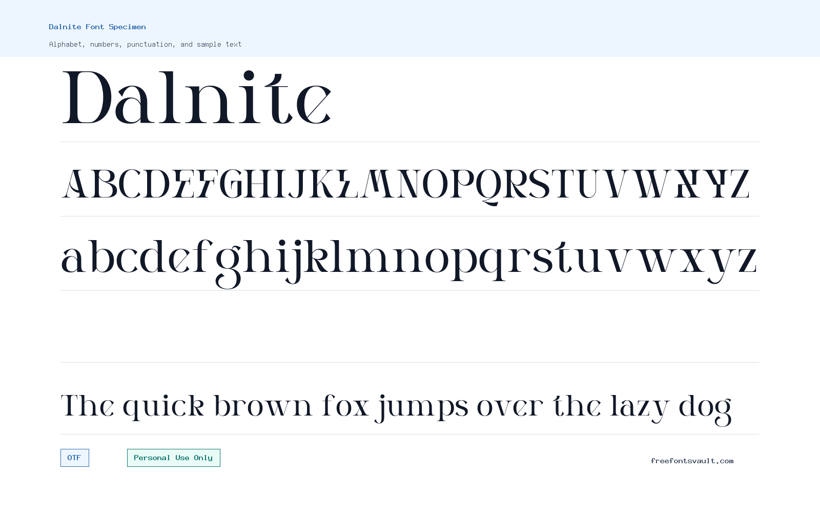 Dalnite font specimen showing alphabet, numbers, and sample text