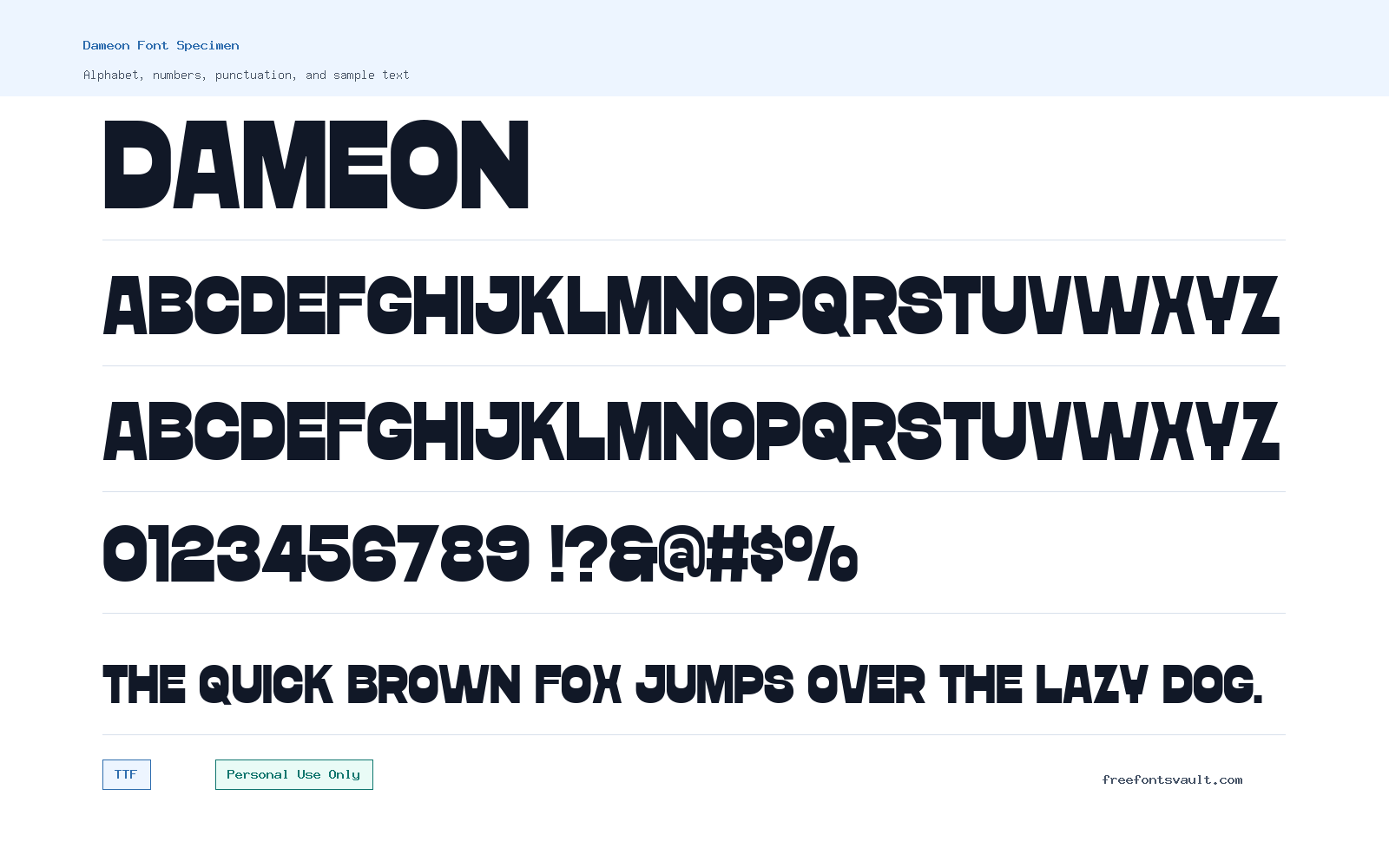 Dameon font specimen showing alphabet, numbers, and sample text