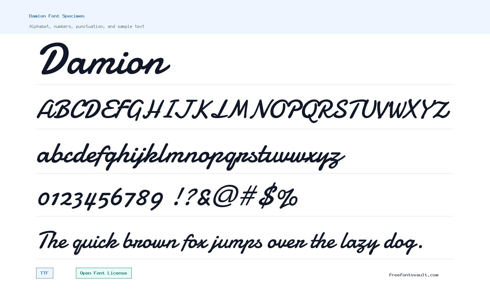 Damion font specimen showing alphabet, numbers, and sample text