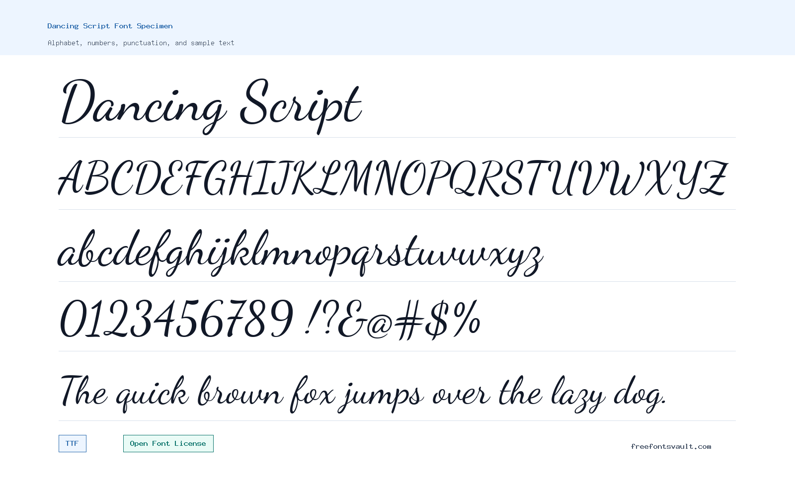 Dancing Script font specimen showing alphabet, numbers, and sample text
