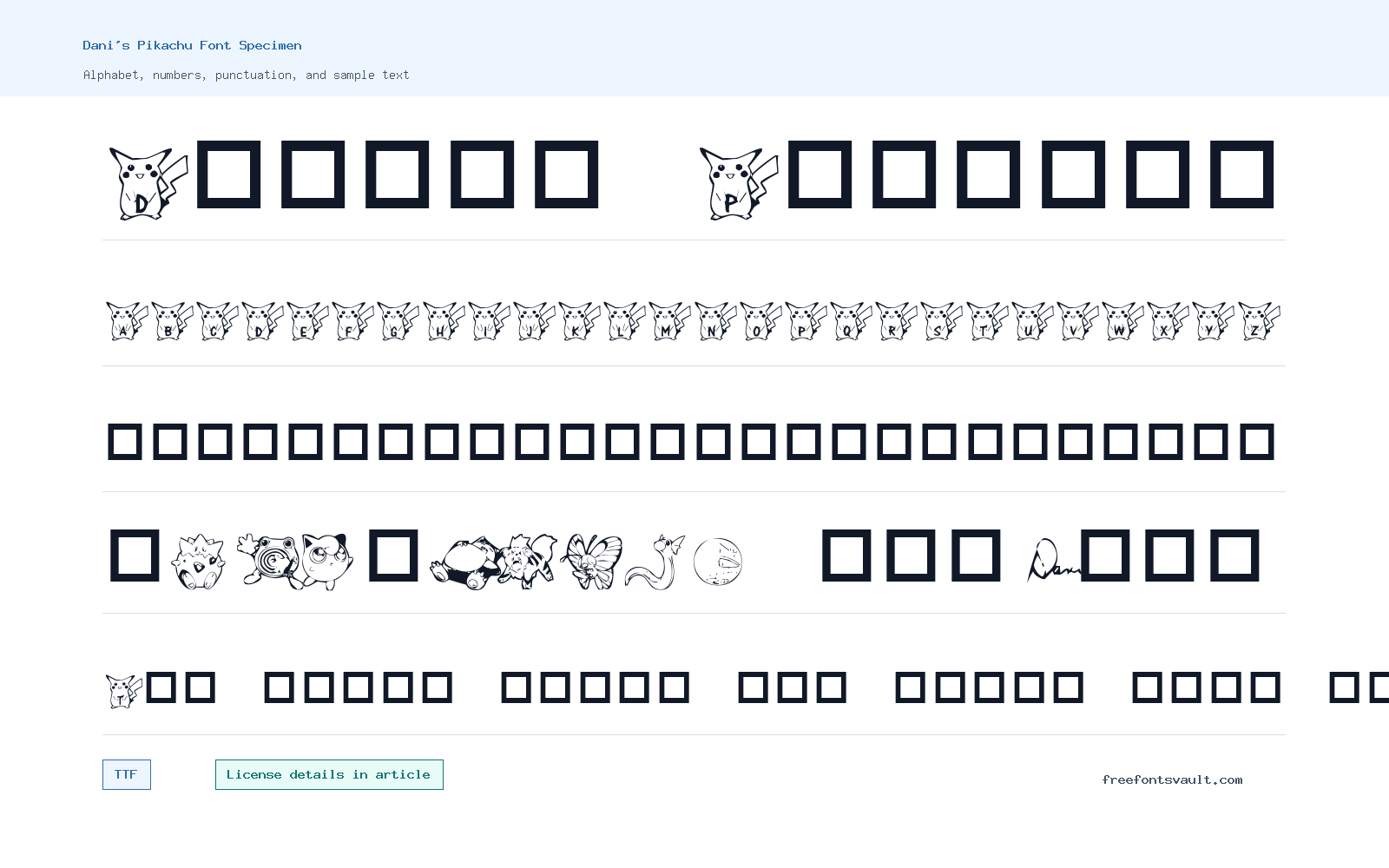 Dani's Pikachu font specimen showing alphabet, numbers, and sample text