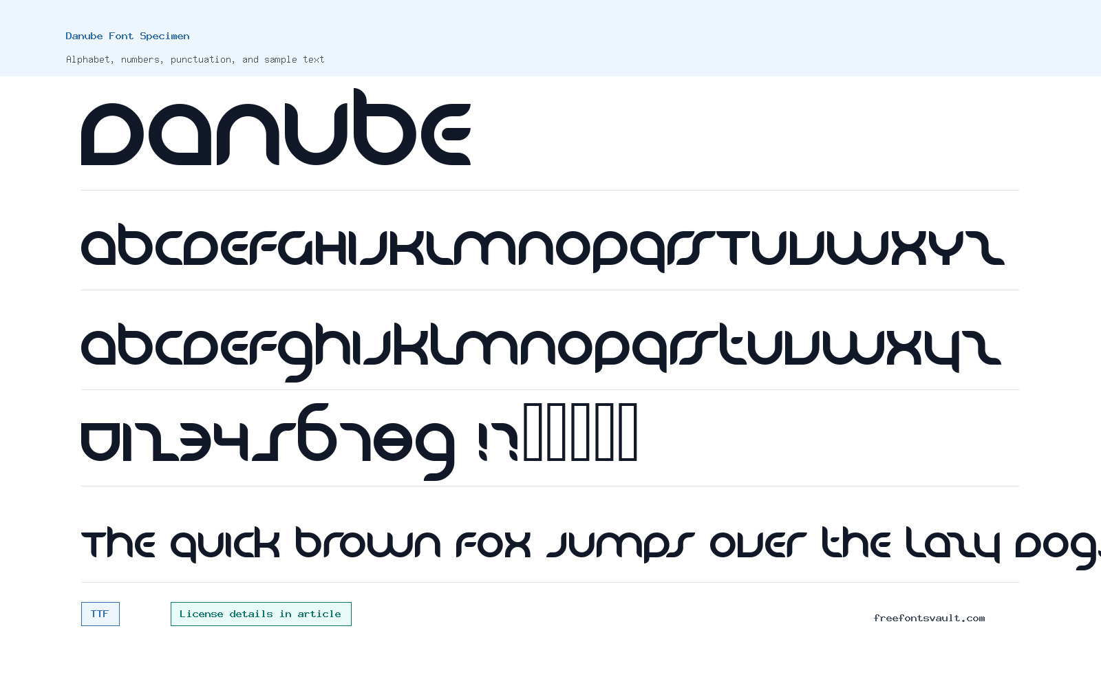 Danube font specimen showing alphabet, numbers, and sample text