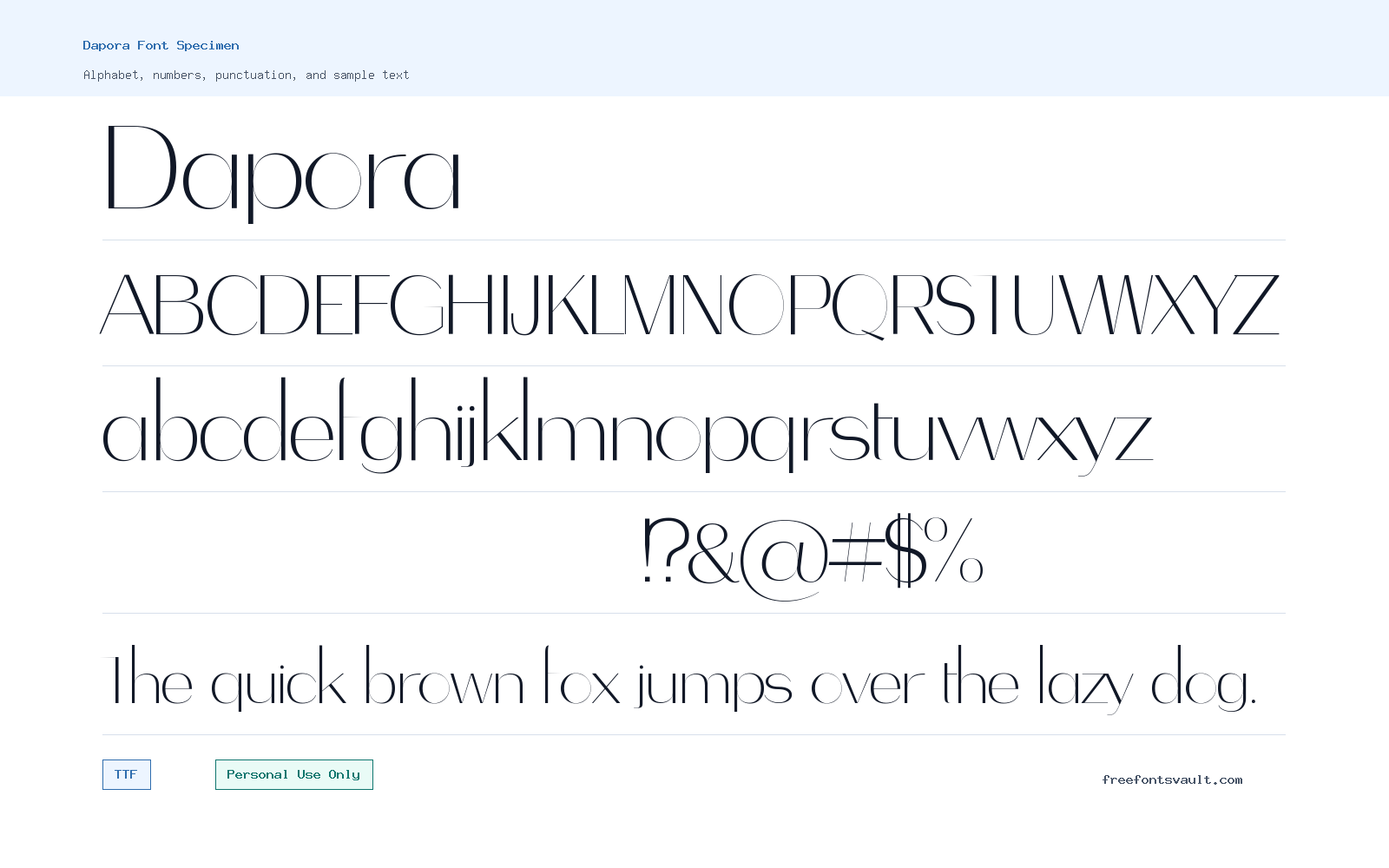 Dapora font specimen showing alphabet, numbers, and sample text