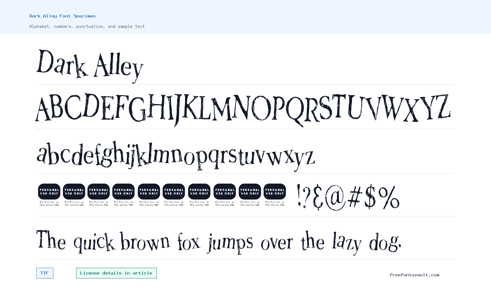 Dark Alley font specimen showing alphabet, numbers, and sample text