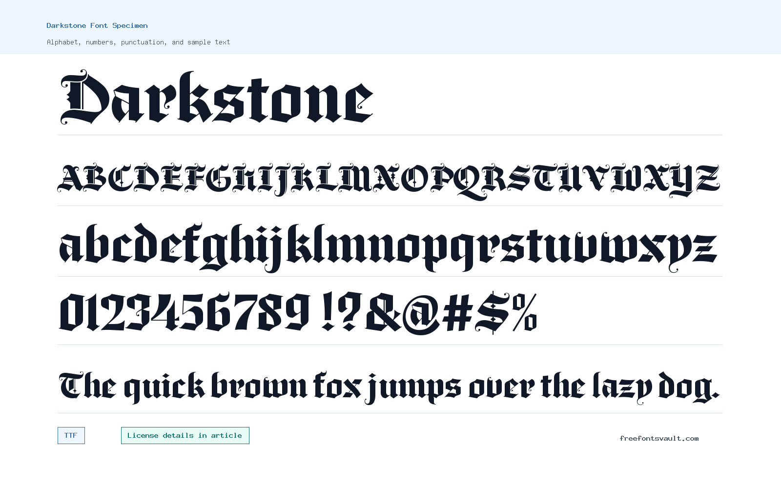 Darkstone font specimen showing alphabet, numbers, and sample text