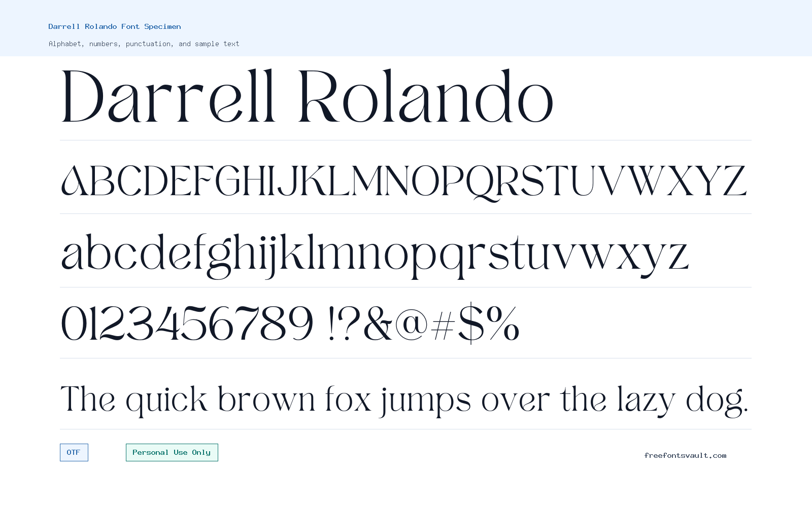 Darrell Rolando font specimen showing alphabet, numbers, and sample text