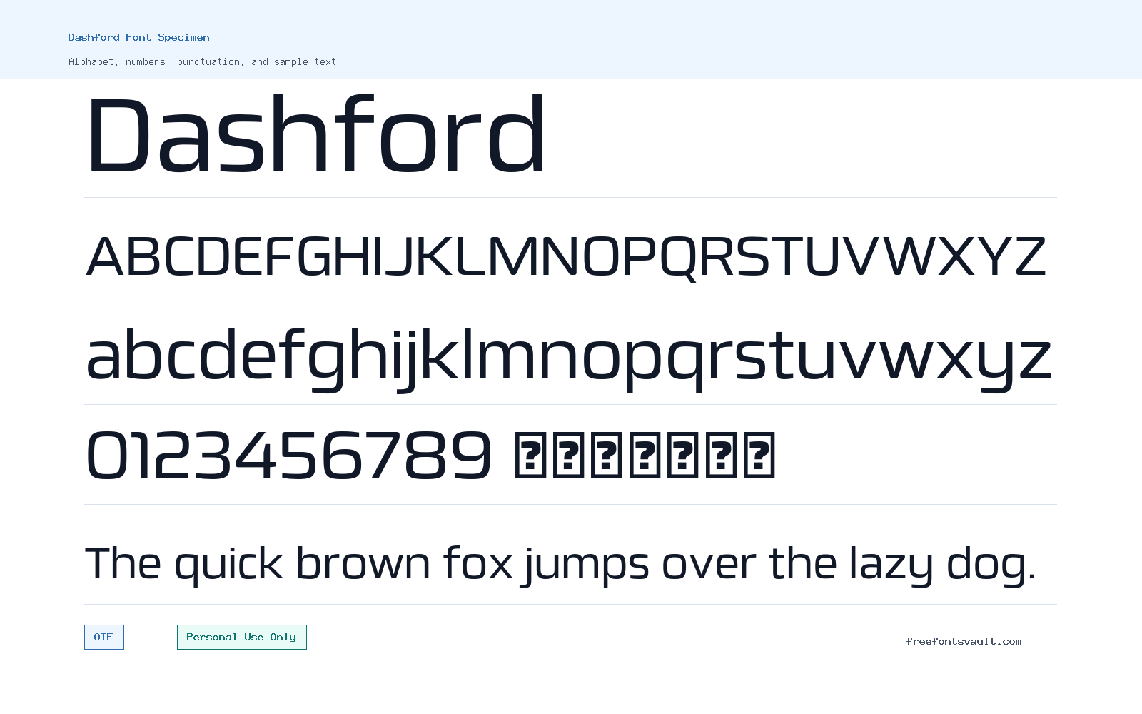 Dashford font specimen showing alphabet, numbers, and sample text
