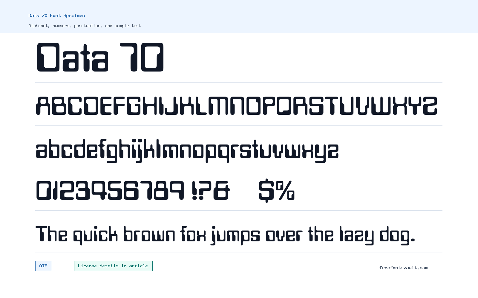 Data 70 font specimen showing alphabet, numbers, and sample text
