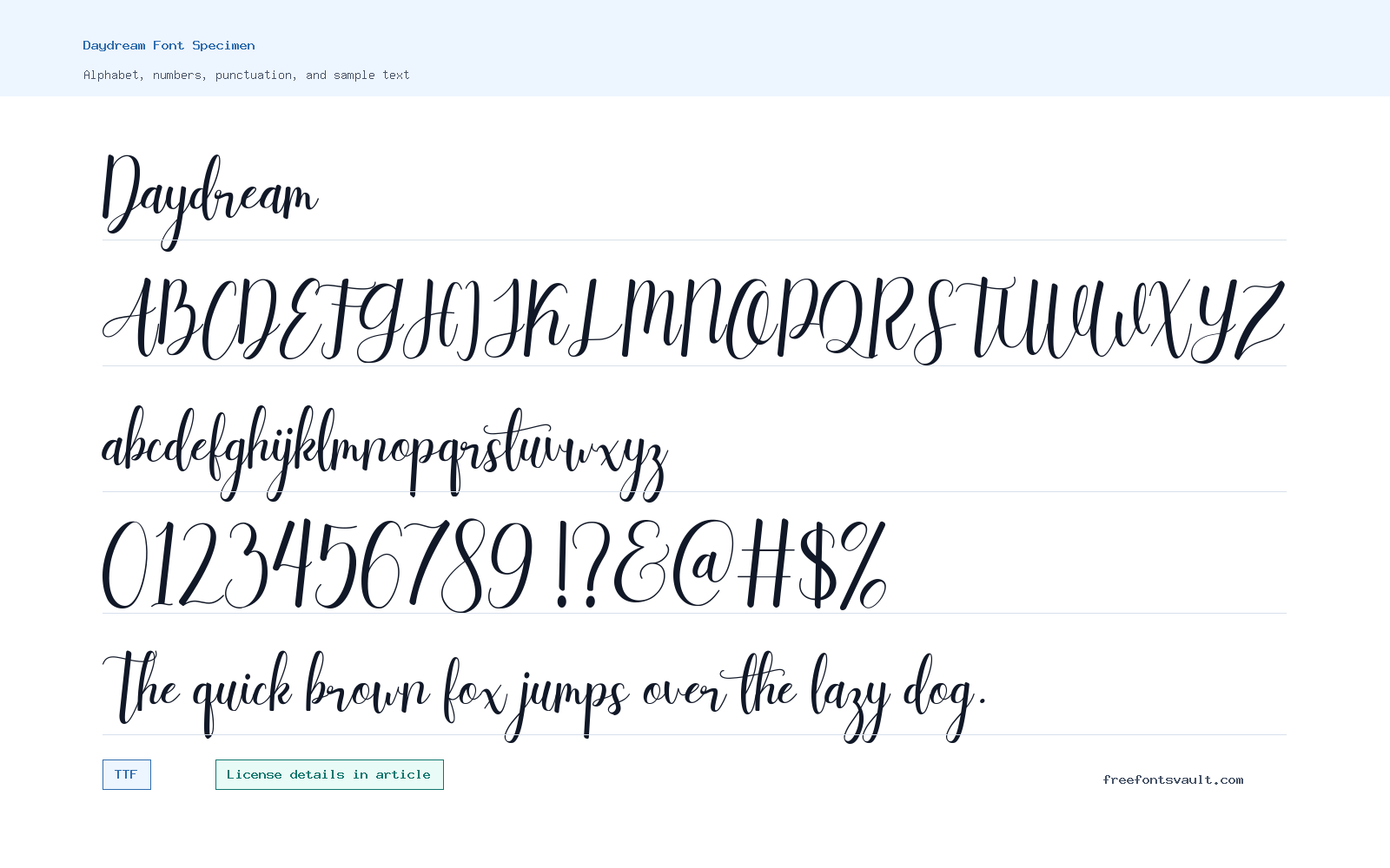 Daydream font specimen showing alphabet, numbers, and sample text