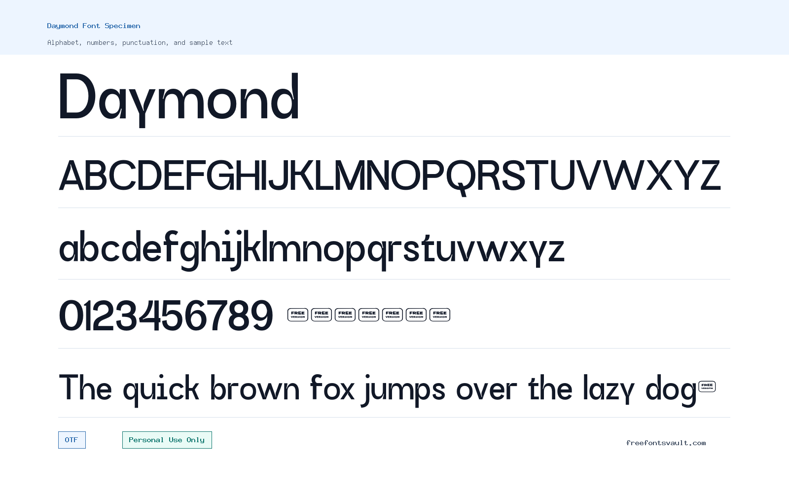 Daymond font specimen showing alphabet, numbers, and sample text