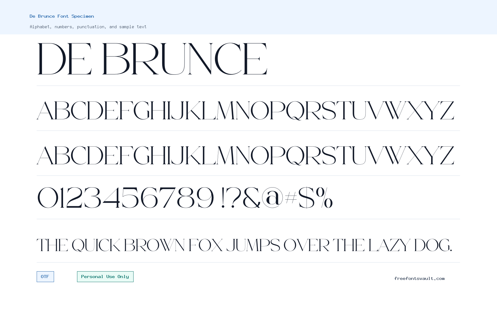 De Brunce font specimen showing alphabet, numbers, and sample text