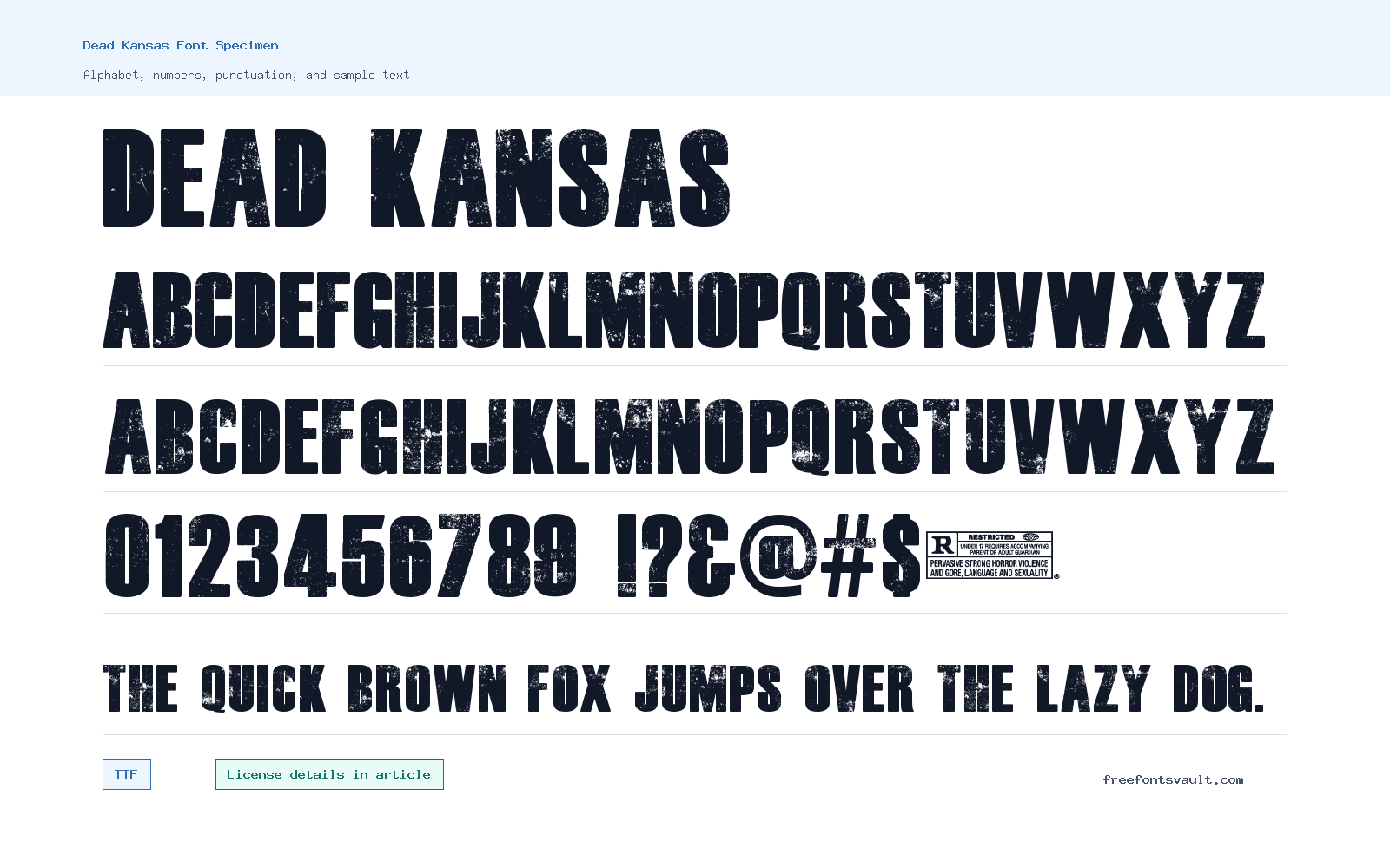 Dead Kansas font specimen showing alphabet, numbers, and sample text