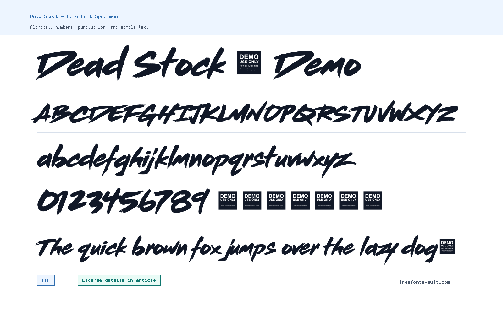 Dead Stock - Demo font specimen showing alphabet, numbers, and sample text
