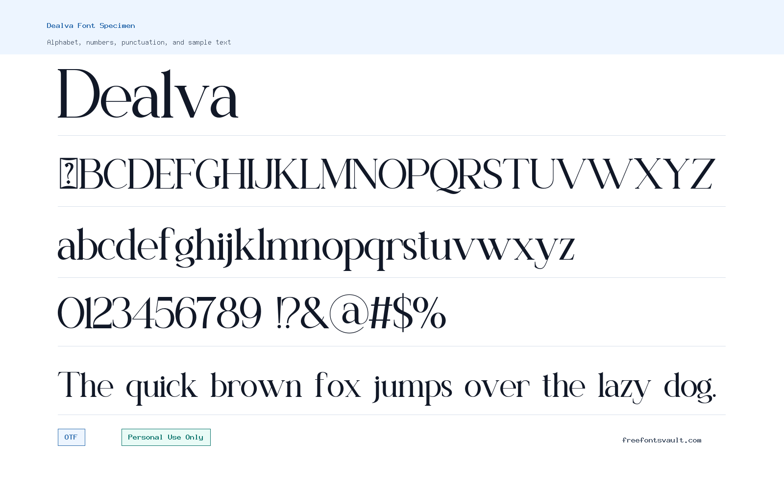 Dealva font specimen showing alphabet, numbers, and sample text