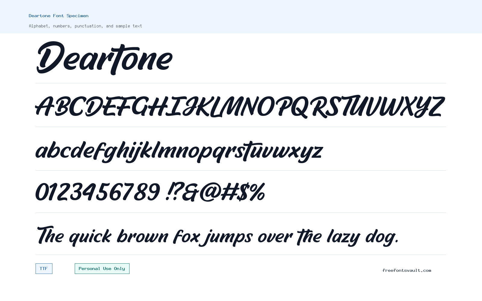 Deartone font specimen showing alphabet, numbers, and sample text