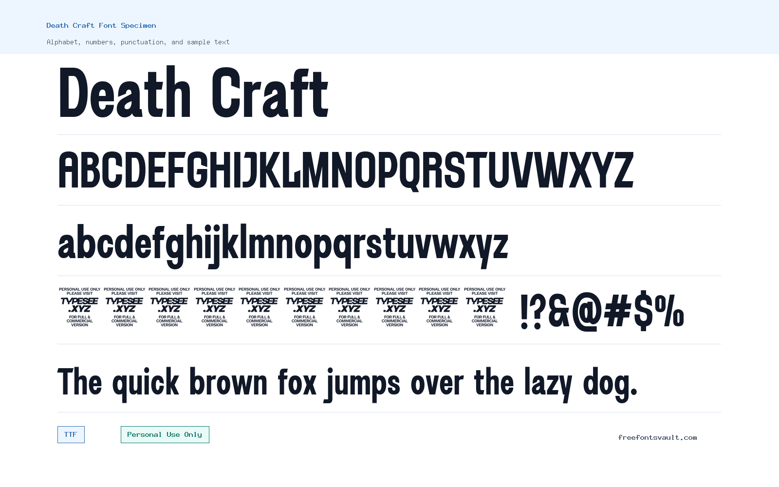 Death Craft font specimen showing alphabet, numbers, and sample text