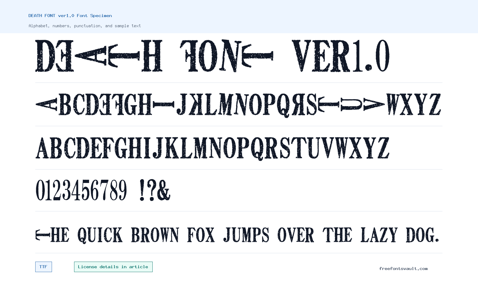 DEATH FONT ver1.0 font specimen showing alphabet, numbers, and sample text