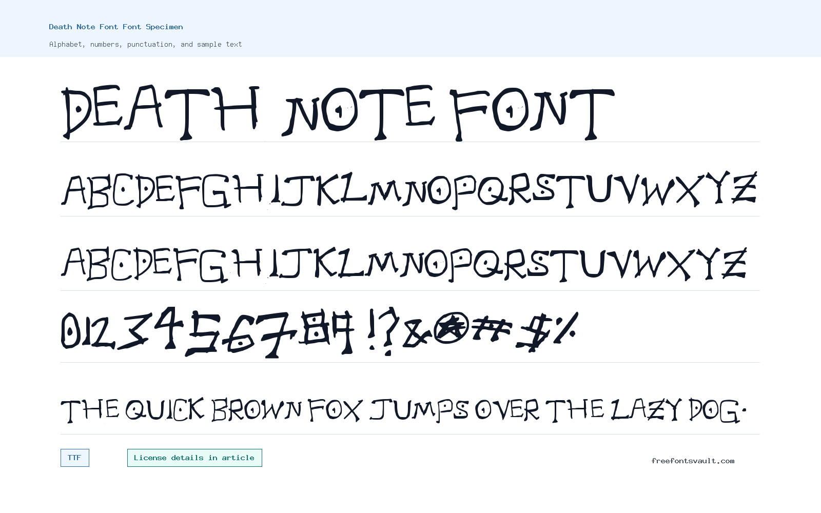 Death Note Font font specimen showing alphabet, numbers, and sample text