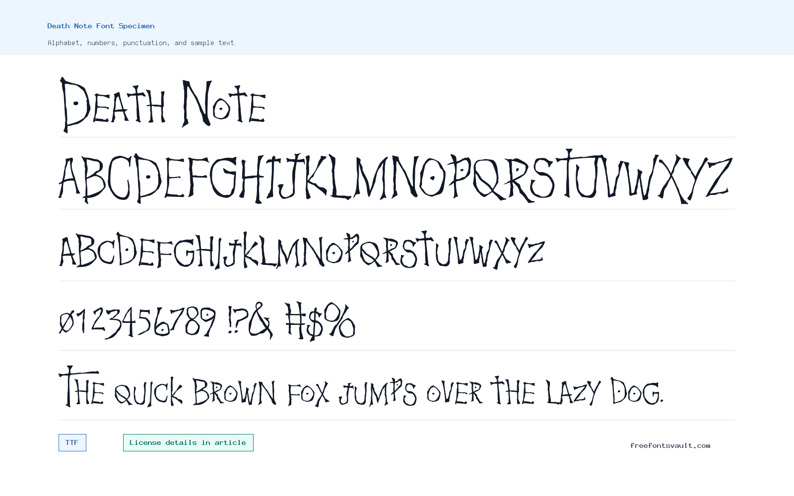 Death Note font specimen showing alphabet, numbers, and sample text