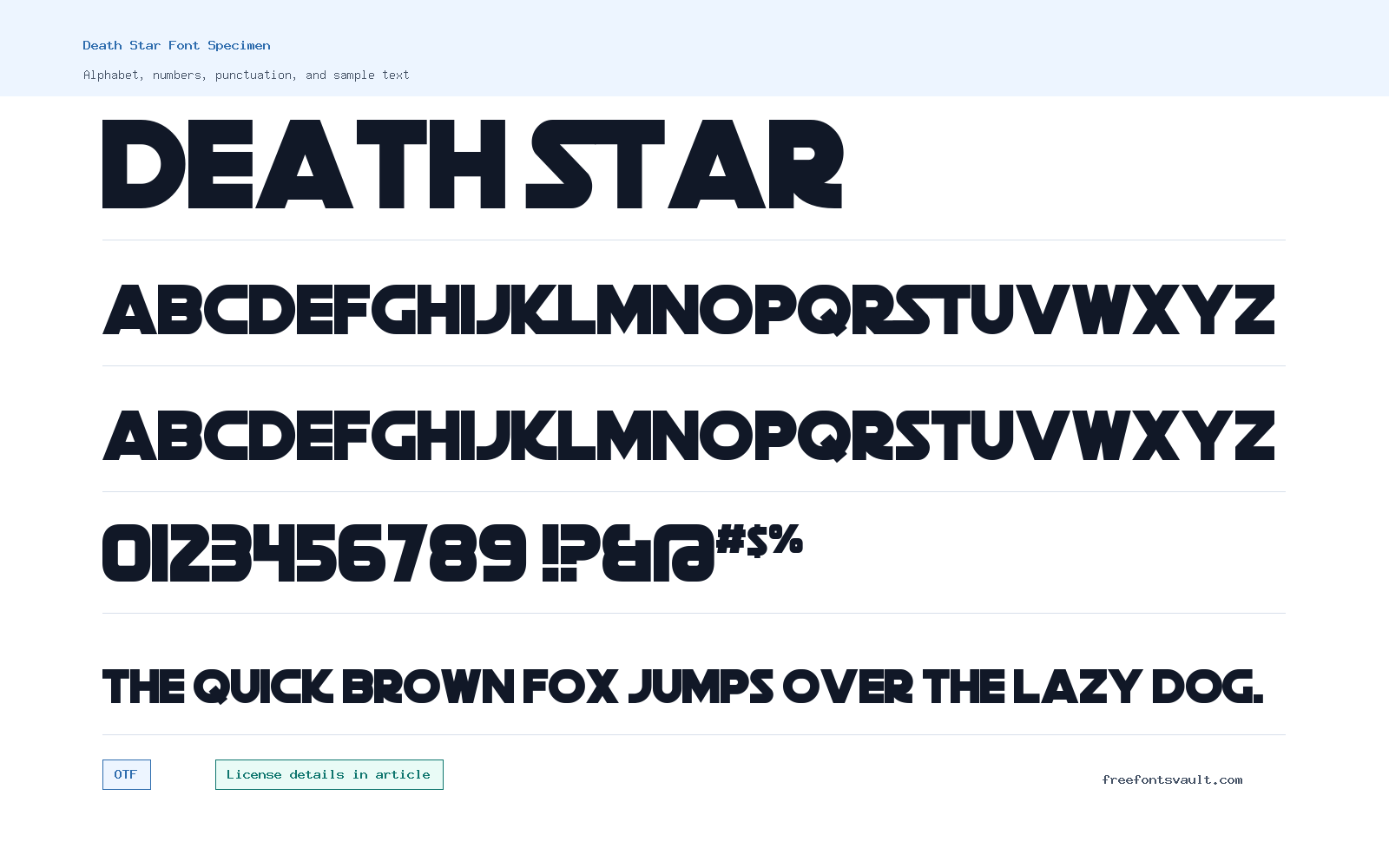 Death Star font specimen showing alphabet, numbers, and sample text