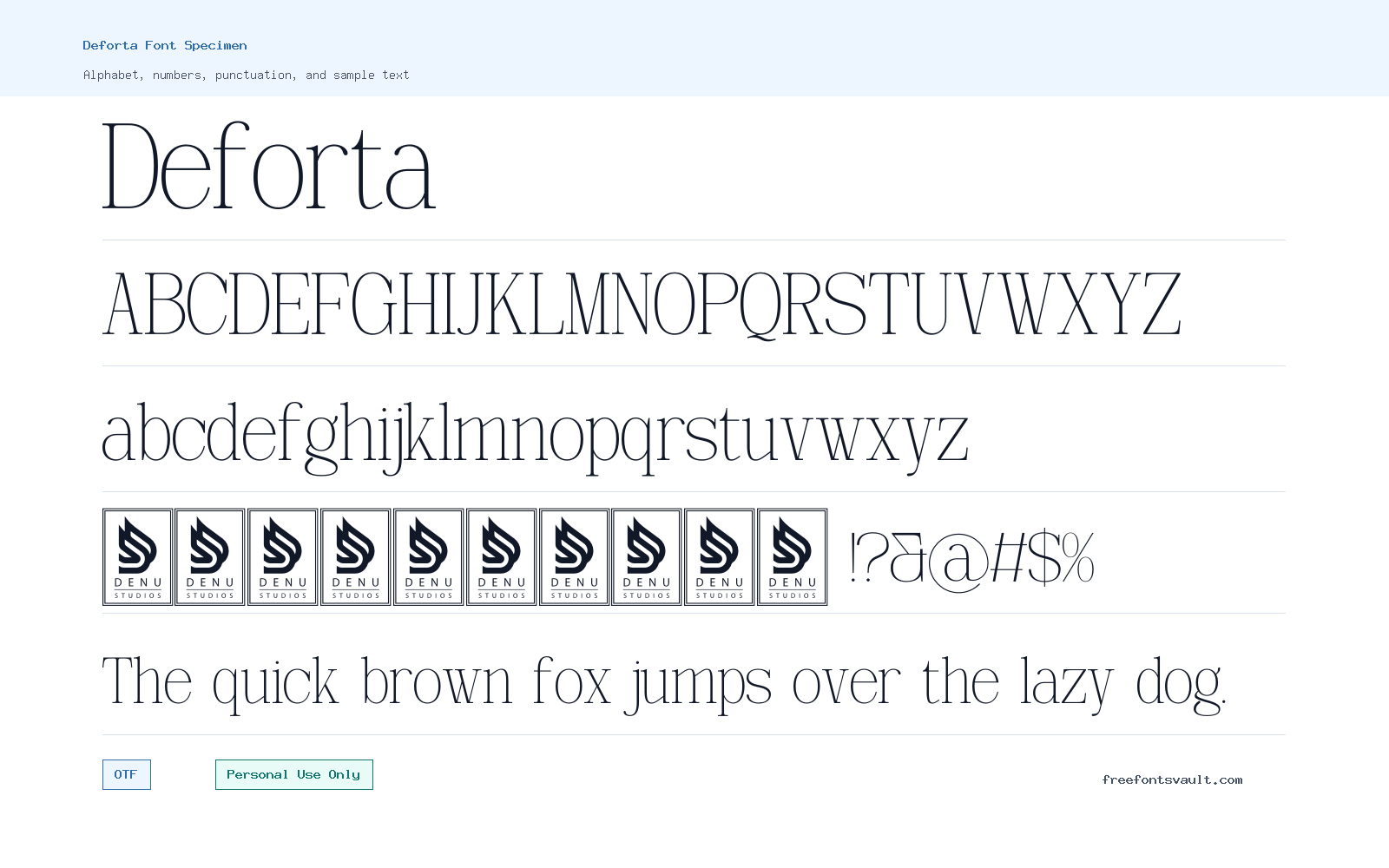 Deforta font specimen showing alphabet, numbers, and sample text