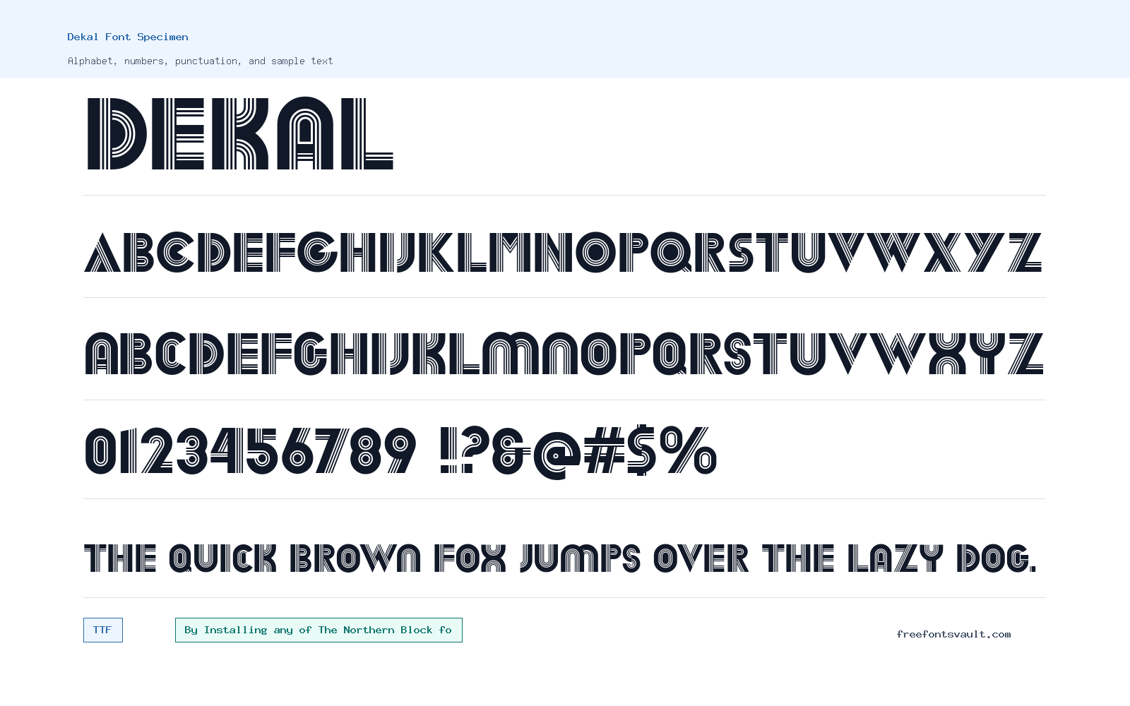 Dekal font specimen showing alphabet, numbers, and sample text