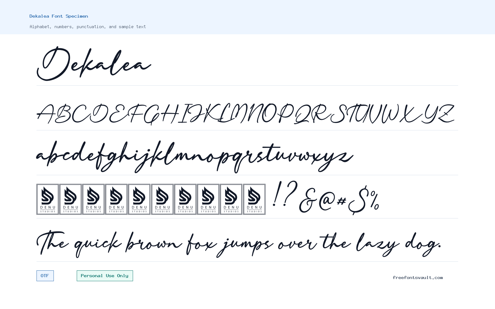 Dekalea font specimen showing alphabet, numbers, and sample text