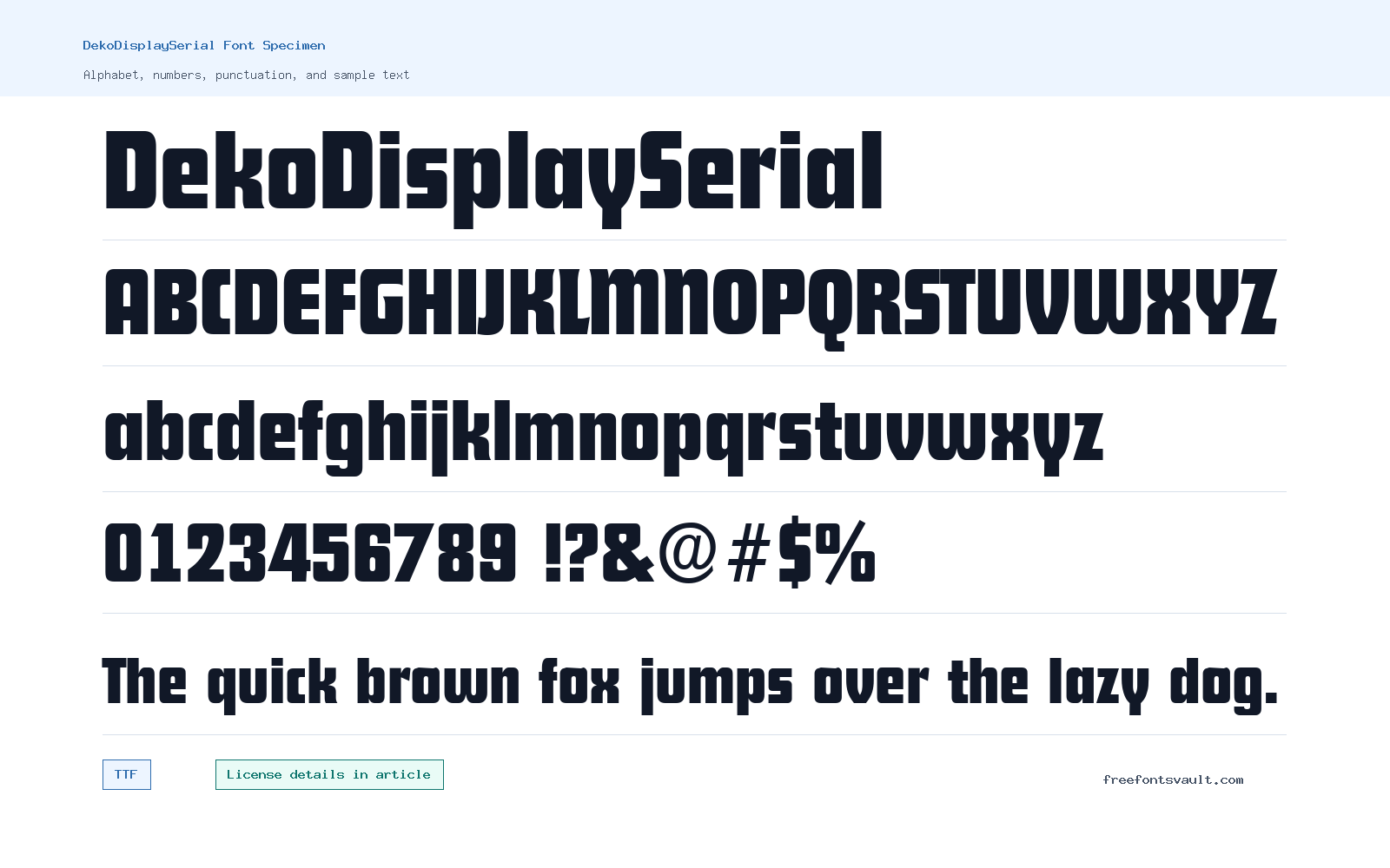 DekoDisplaySerial font specimen showing alphabet, numbers, and sample text