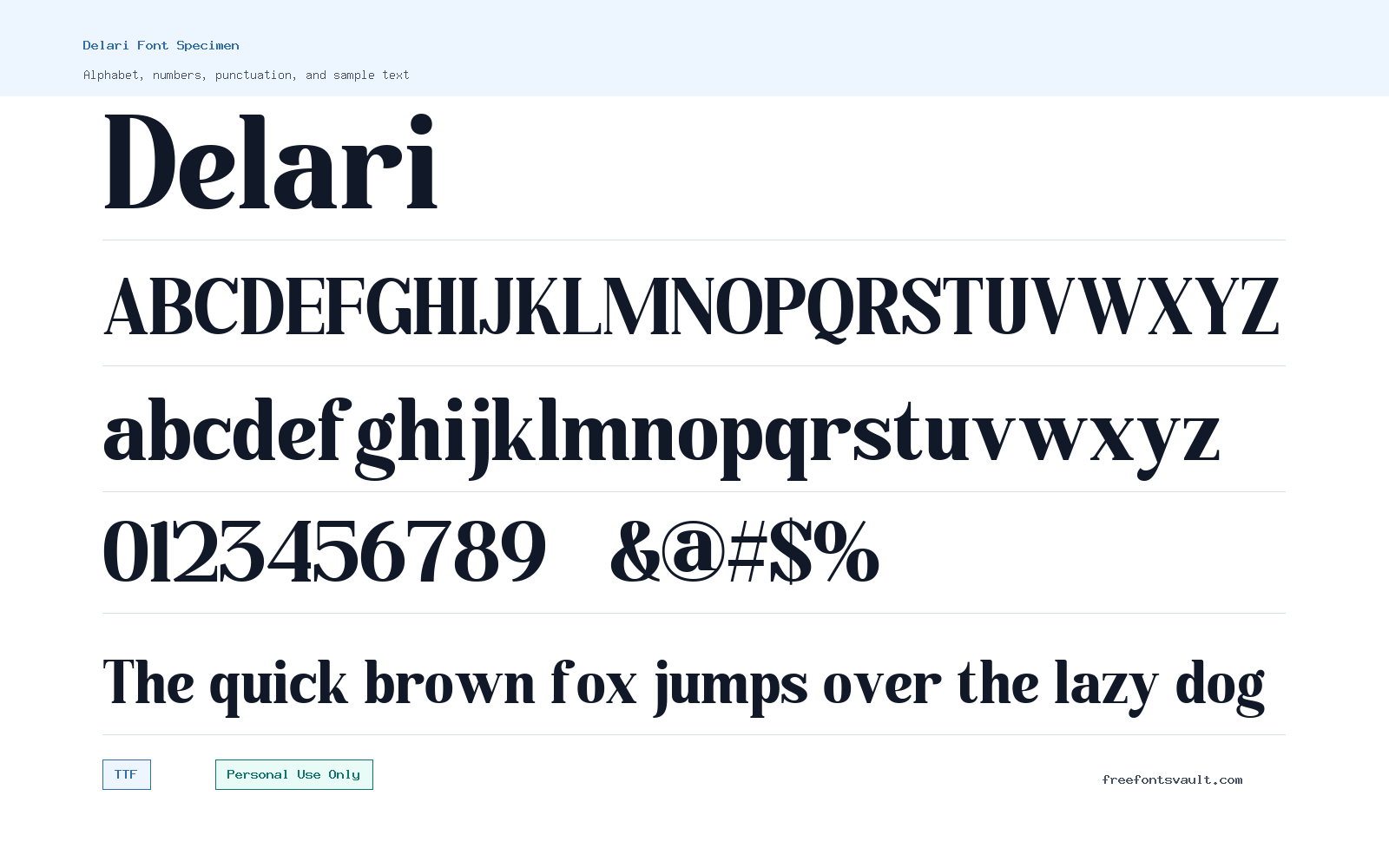 Delari font specimen showing alphabet, numbers, and sample text