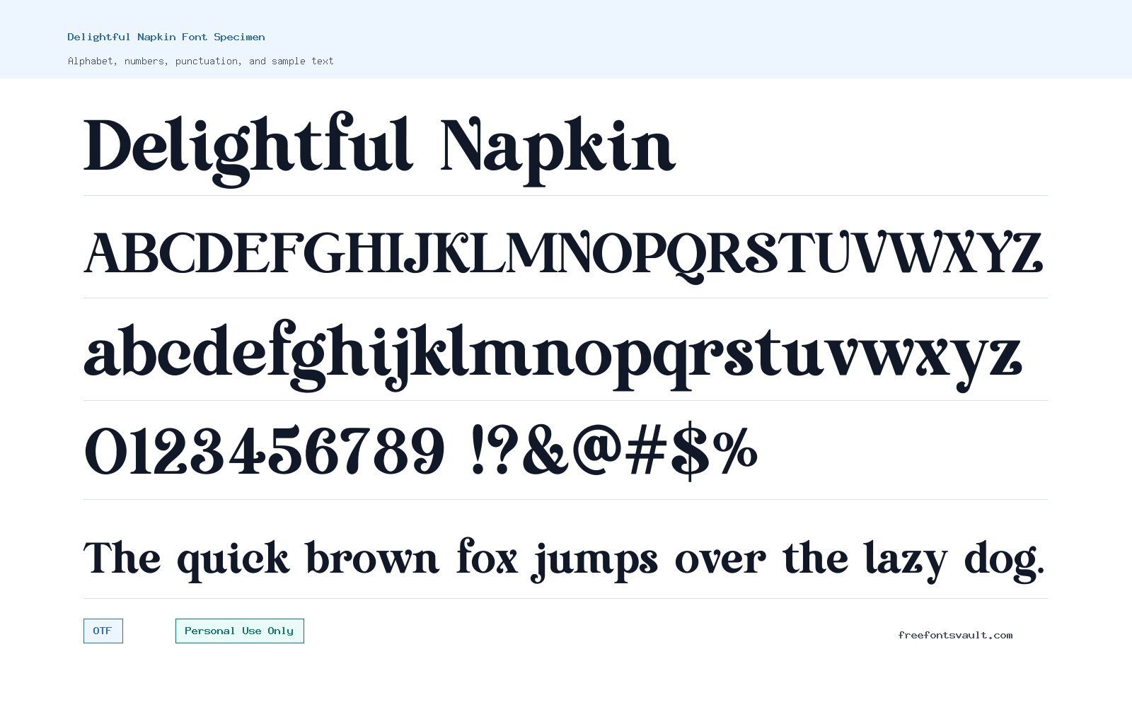 Delightful Napkin font specimen showing alphabet, numbers, and sample text