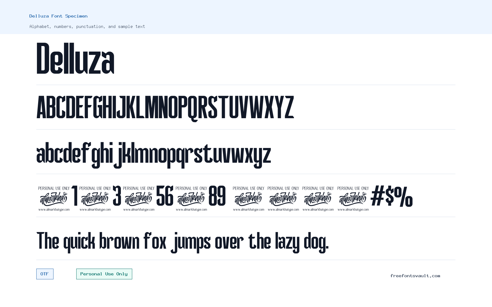 Delluza font specimen showing alphabet, numbers, and sample text