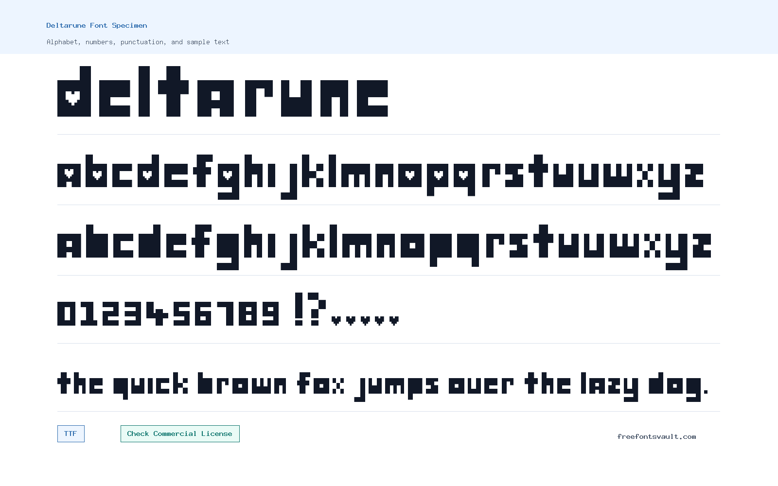 Deltarune font specimen showing alphabet, numbers, and sample text
