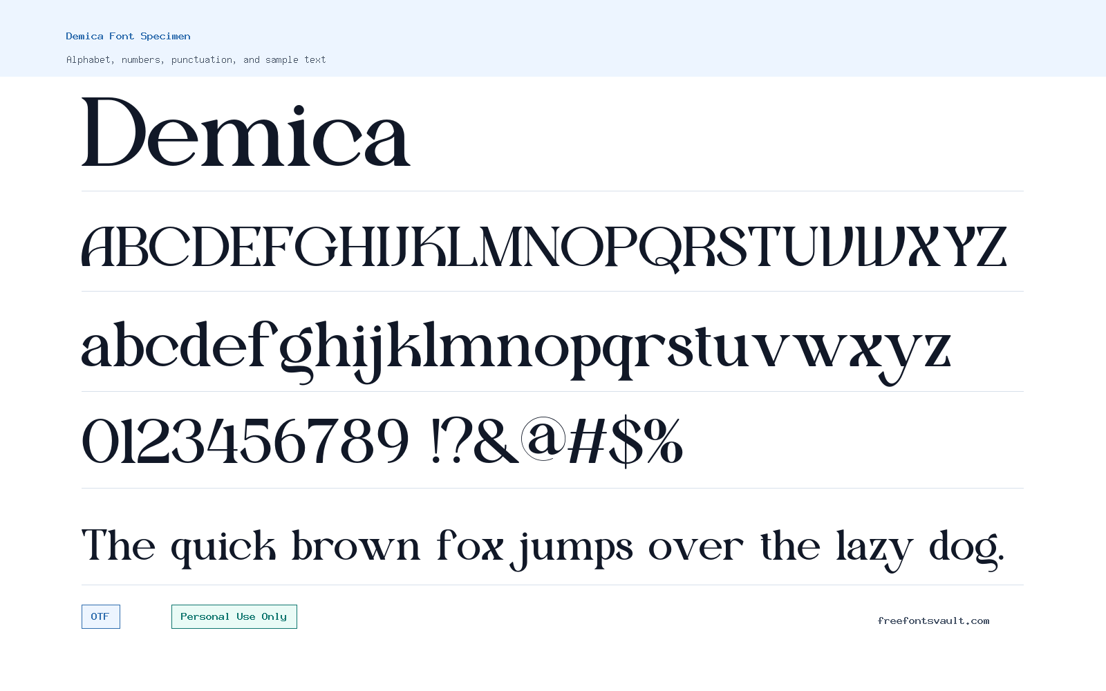 Demica font specimen showing alphabet, numbers, and sample text