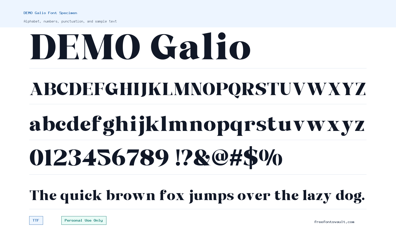 DEMO Galio font specimen showing alphabet, numbers, and sample text