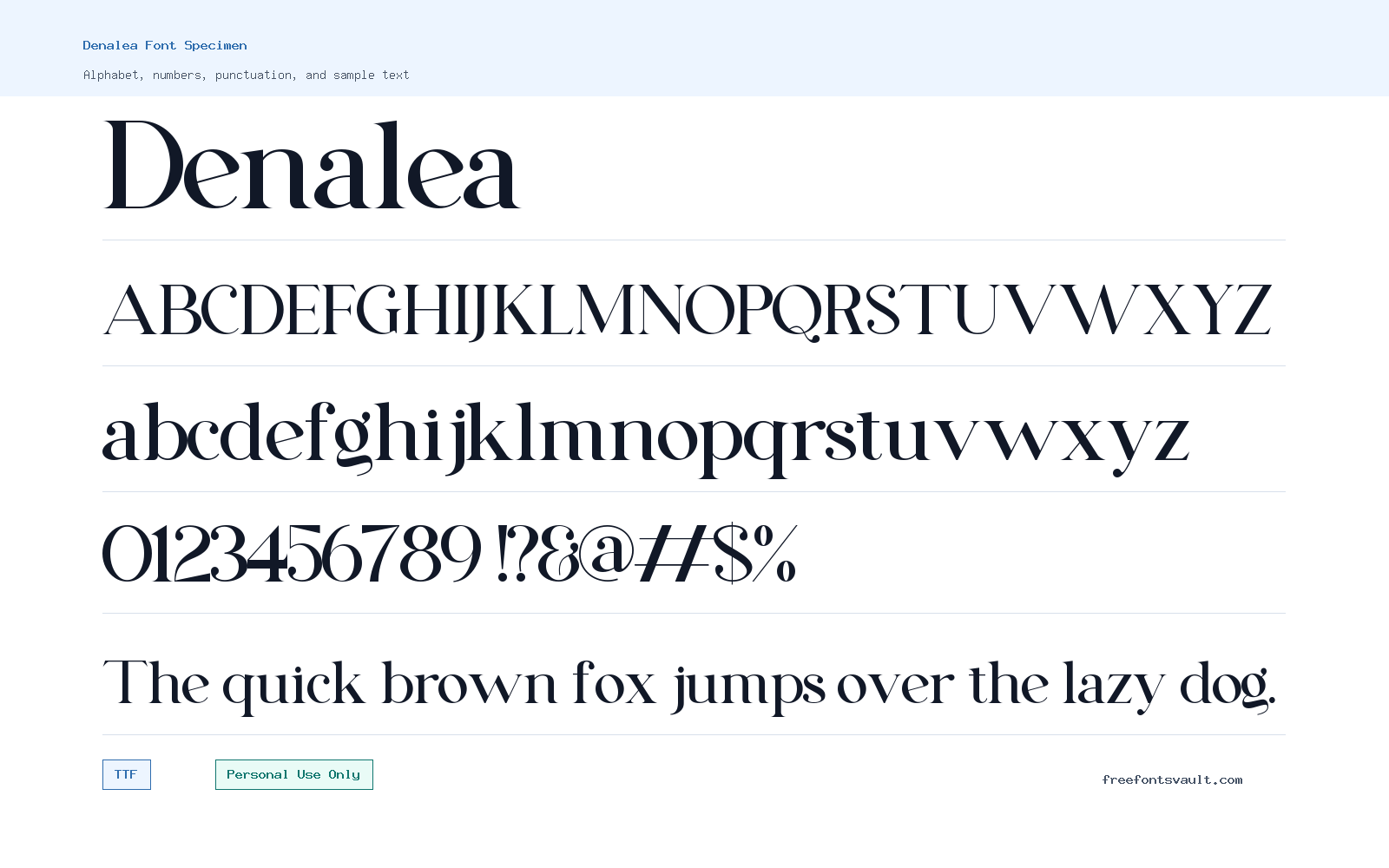 Denalea font specimen showing alphabet, numbers, and sample text