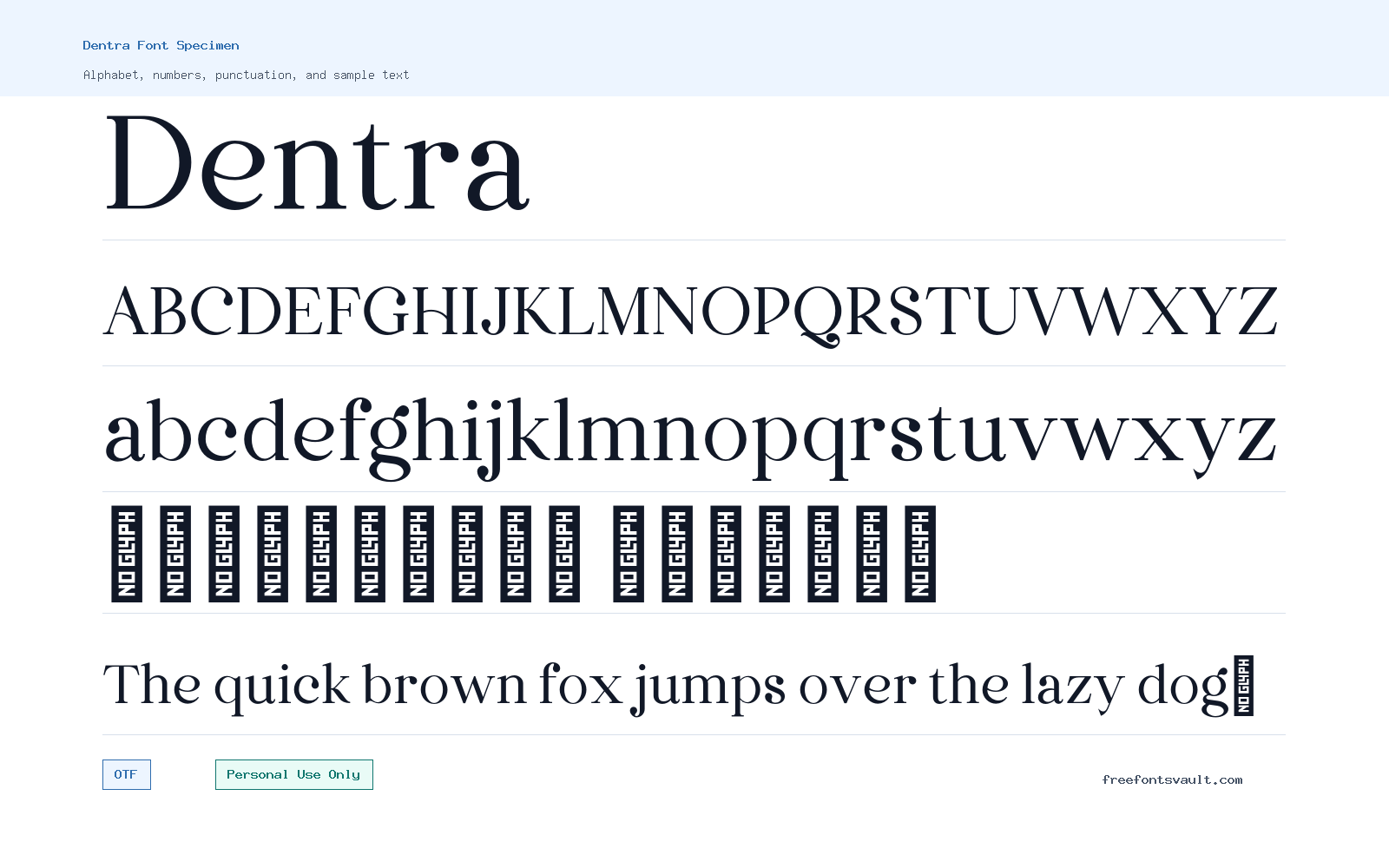 Dentra font specimen showing alphabet, numbers, and sample text