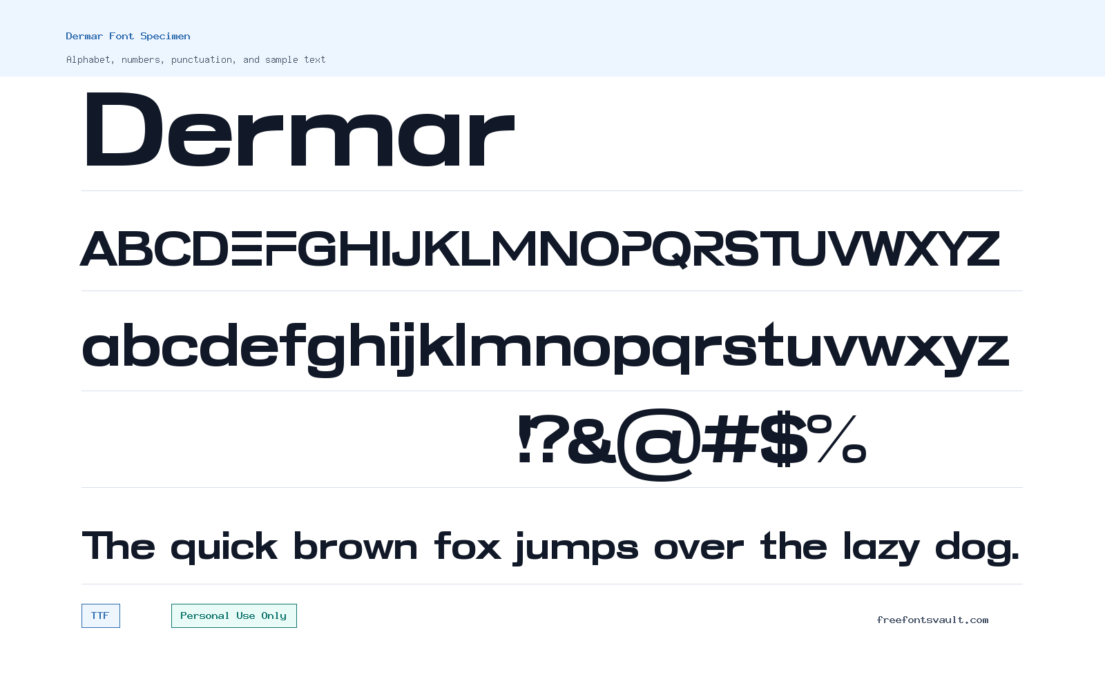 Dermar font specimen showing alphabet, numbers, and sample text