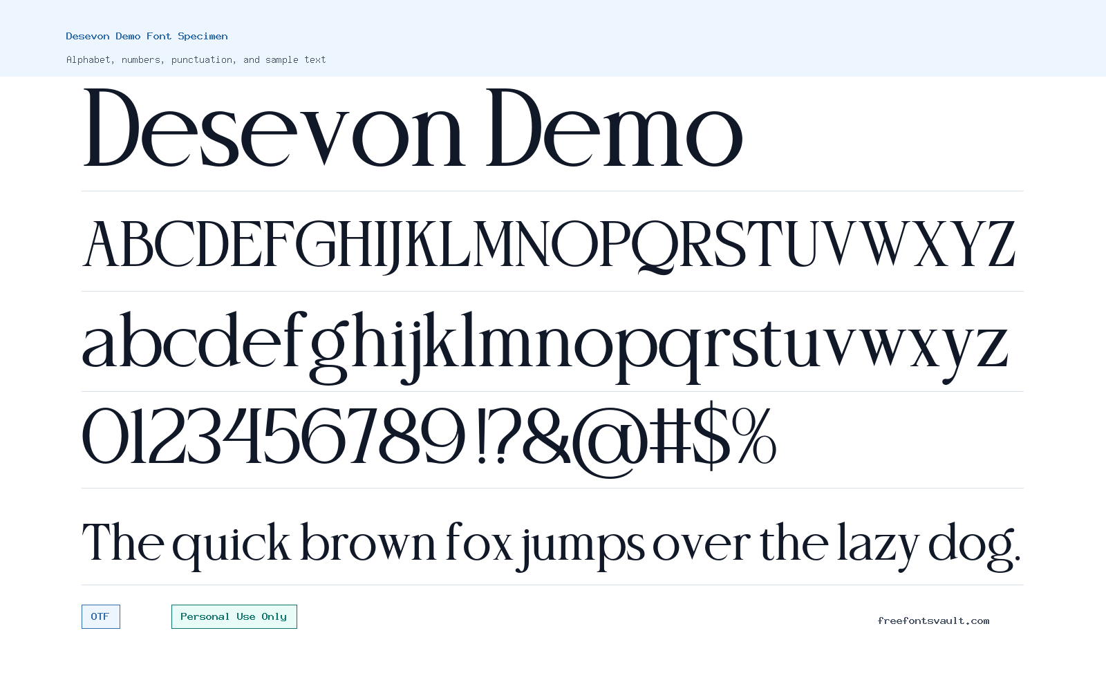 Desevon Demo font specimen showing alphabet, numbers, and sample text