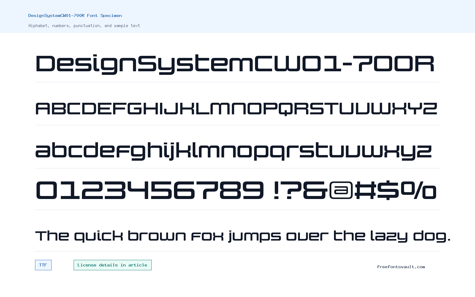 DesignSystemCW01-700R font specimen showing alphabet, numbers, and sample text