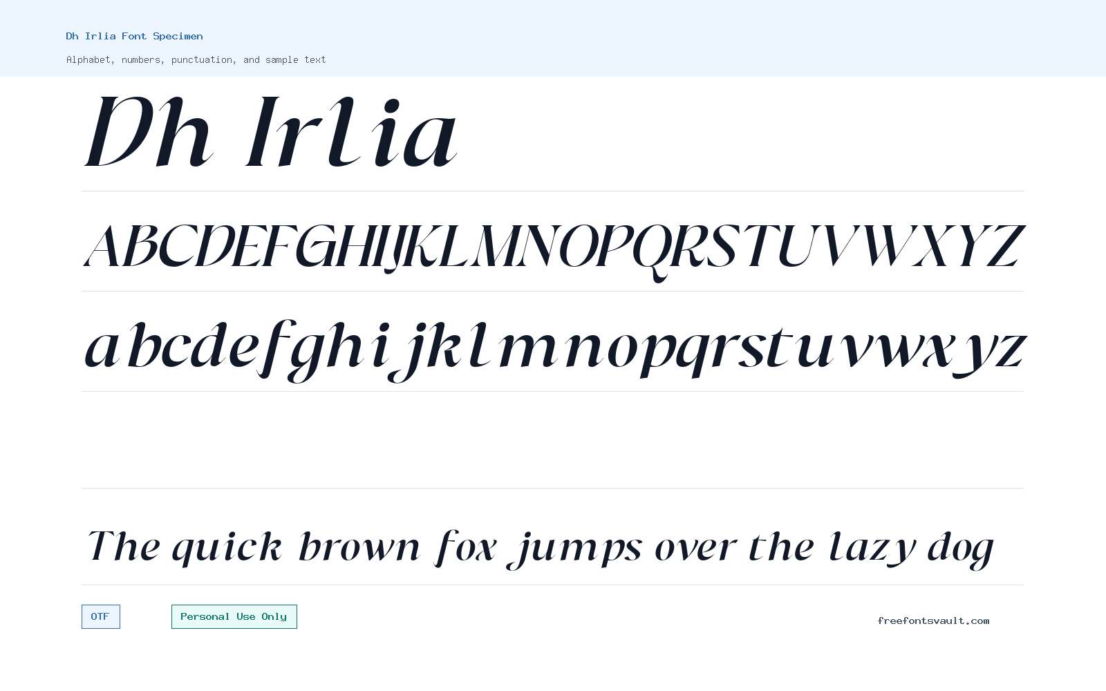 Dh Irlia font specimen showing alphabet, numbers, and sample text