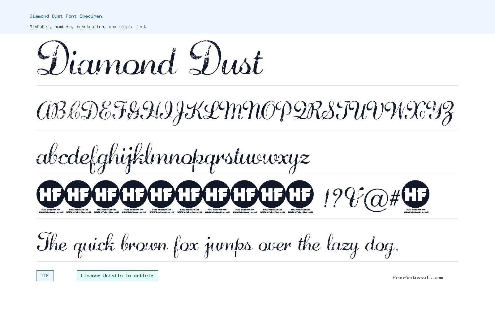 Diamond Dust font specimen showing alphabet, numbers, and sample text