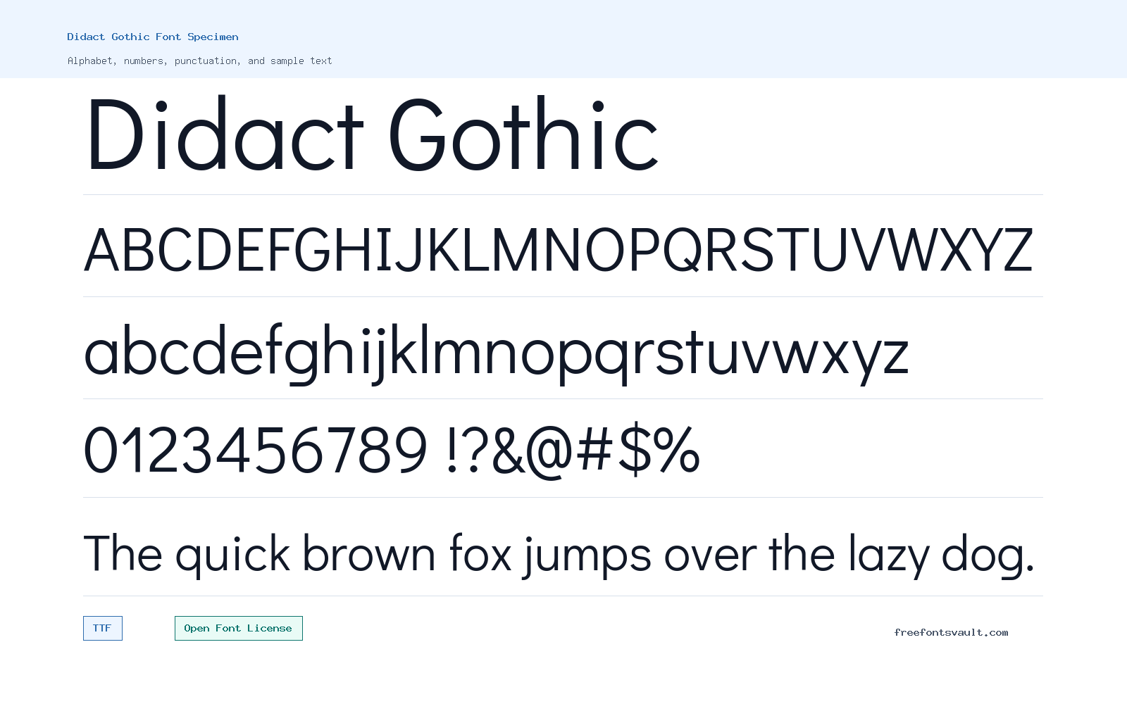 Didact Gothic font specimen showing alphabet, numbers, and sample text