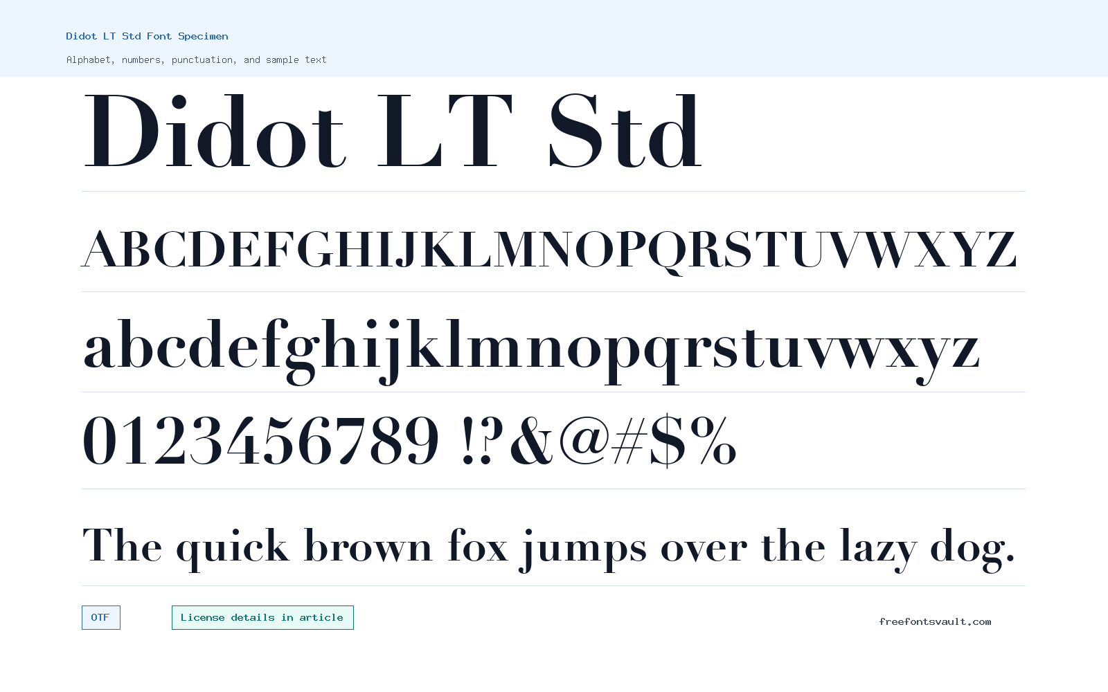 Didot LT Std font specimen showing alphabet, numbers, and sample text
