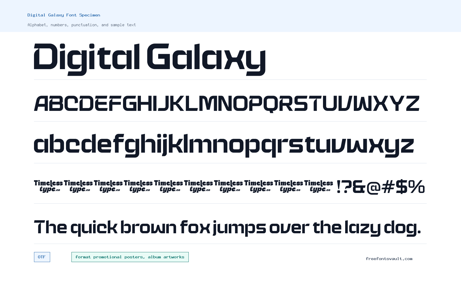 Digital Galaxy font specimen showing alphabet, numbers, and sample text