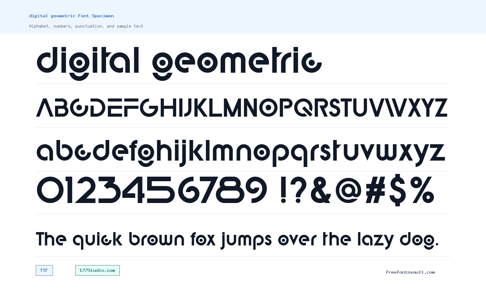 digital geometric font specimen showing alphabet, numbers, and sample text