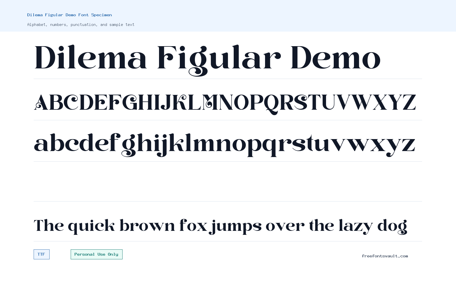 Dilema Figular Demo font specimen showing alphabet, numbers, and sample text