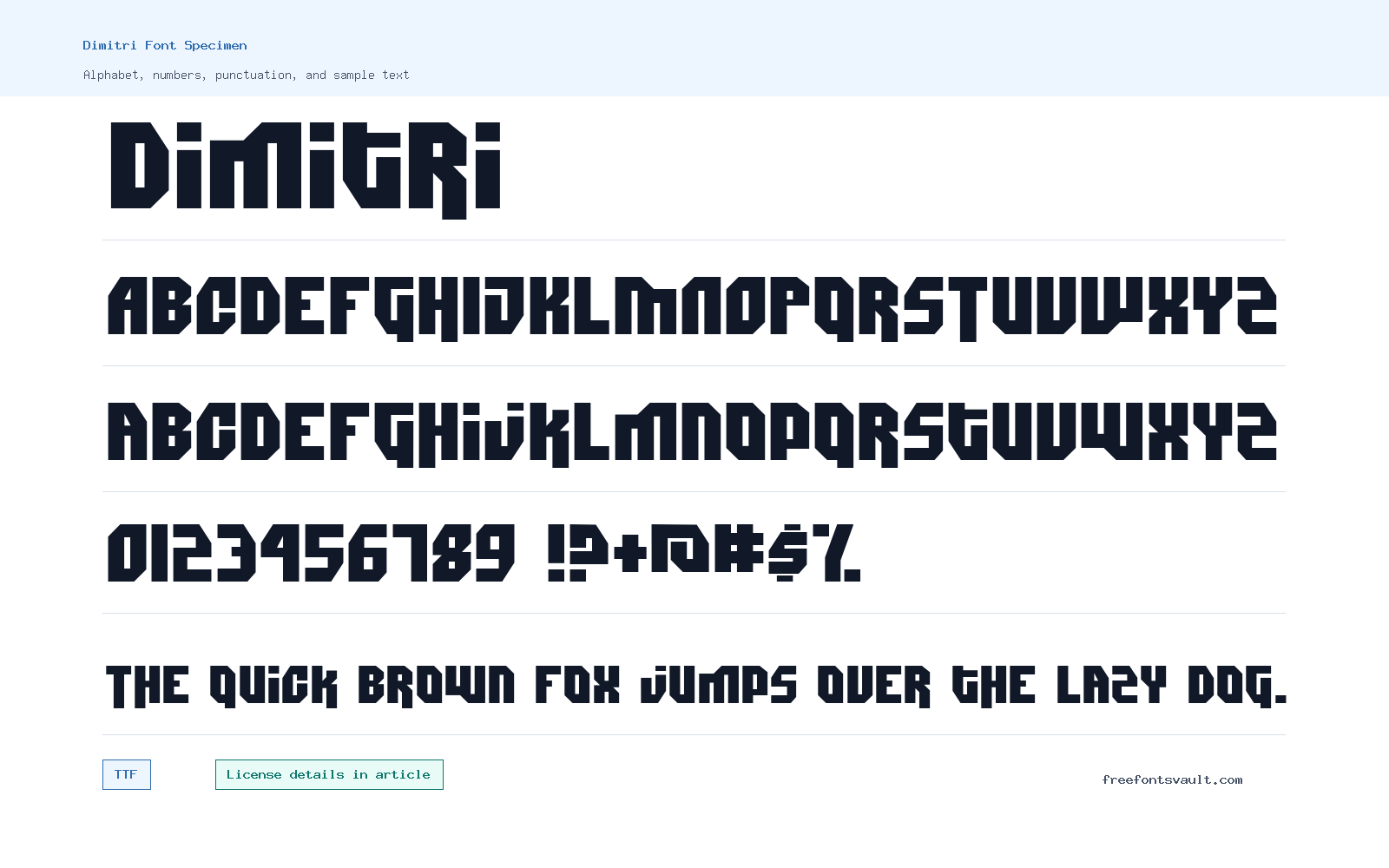 Dimitri font specimen showing alphabet, numbers, and sample text