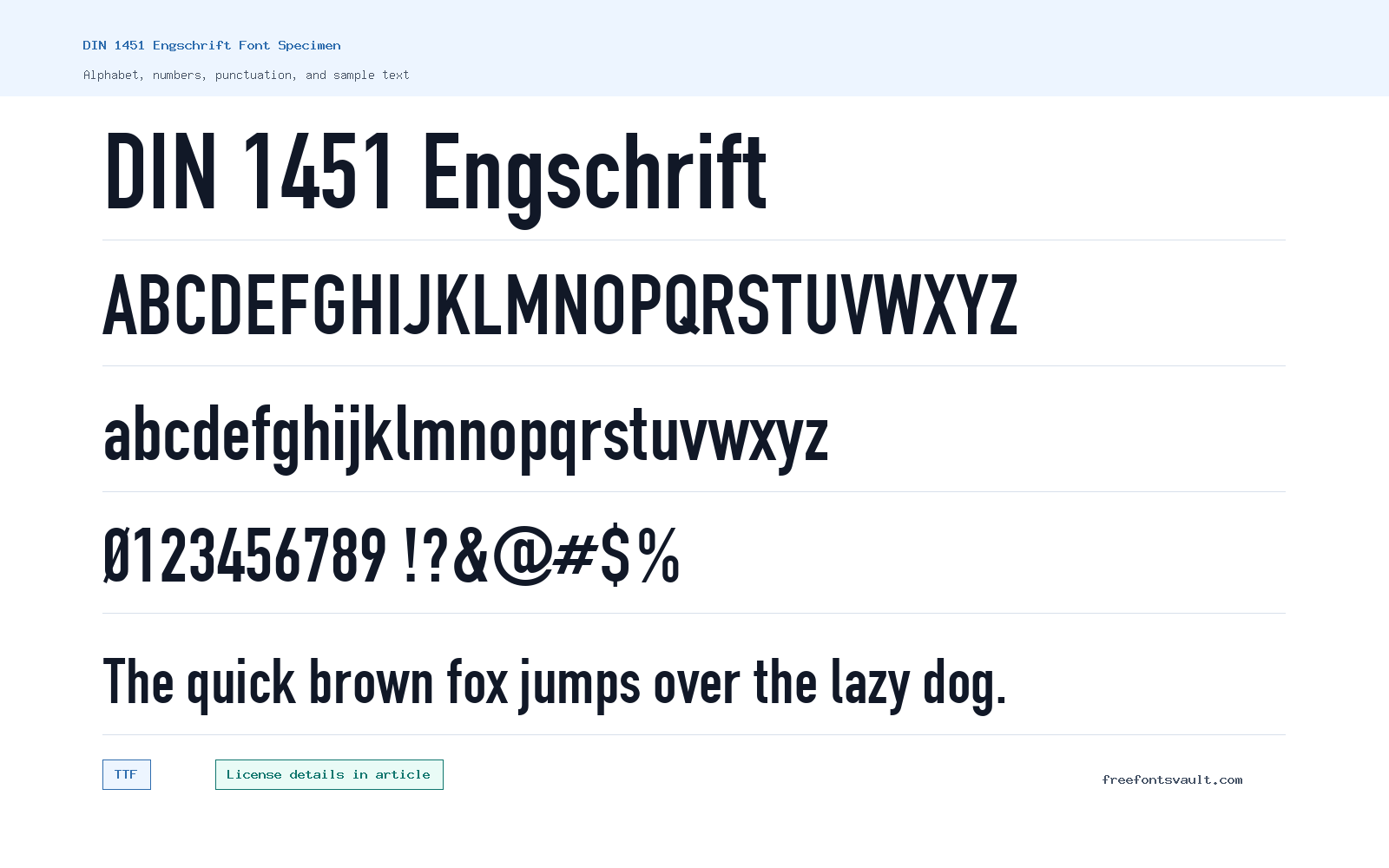 DIN 1451 Engschrift font specimen showing alphabet, numbers, and sample text