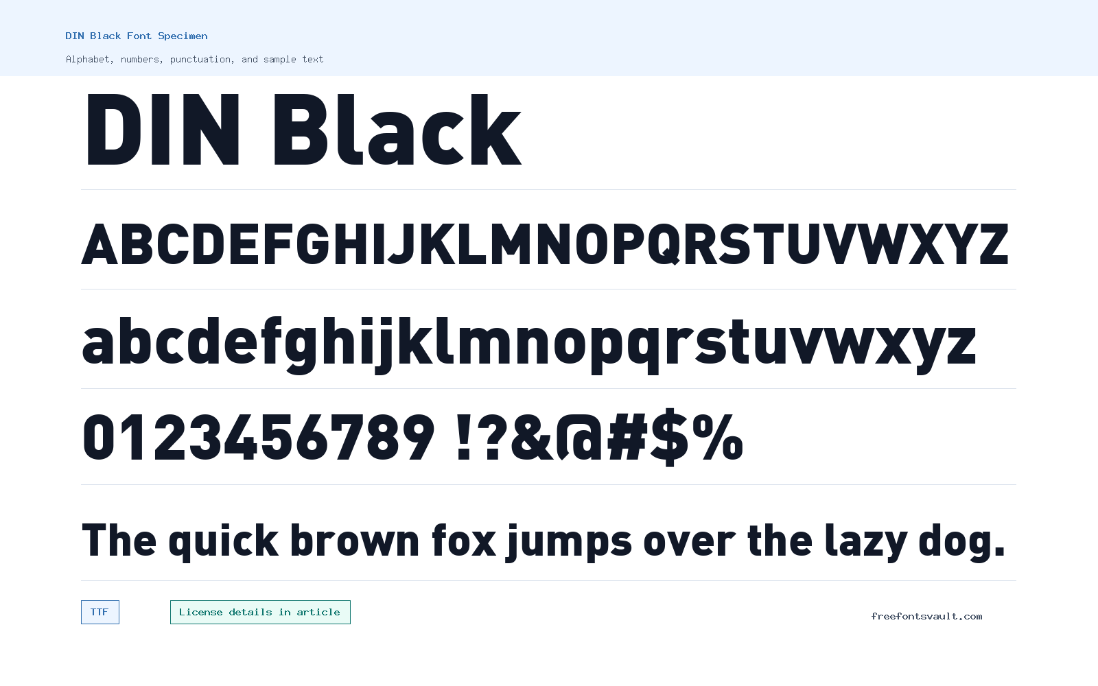DIN Black font specimen showing alphabet, numbers, and sample text